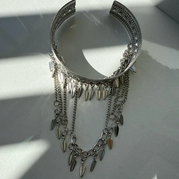 Bohemian Silver Leaf Tassel Chain Arm Cuff Bracelet ✨ - Picture 5 of 7